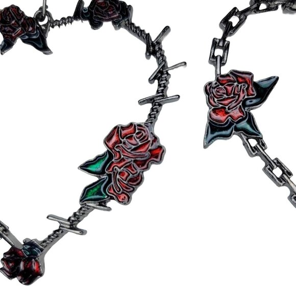 Red Rose And Barbed Wire Heart Earrings - Picture 3 of 3